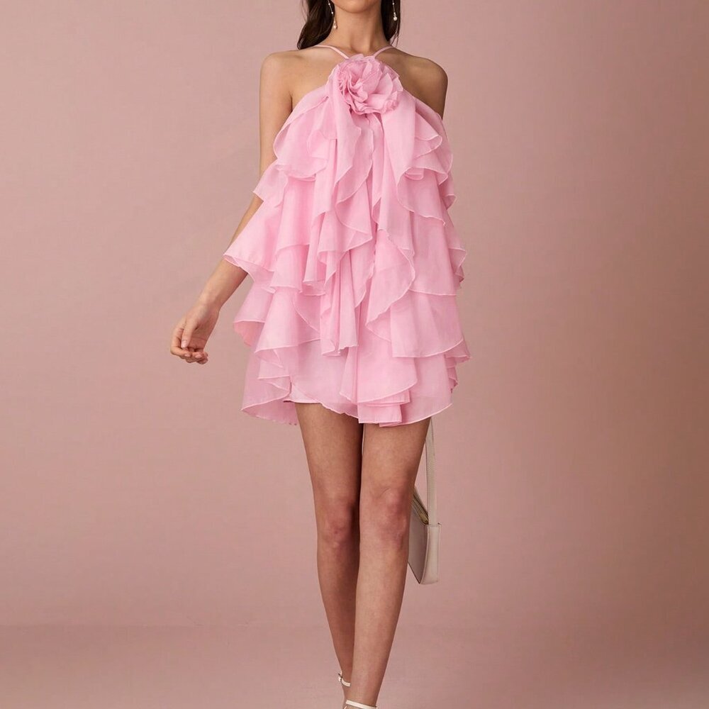 Pink Romantic Pastel Women's Mini Dress with 3D Flower Decor - Picture 5 of 5